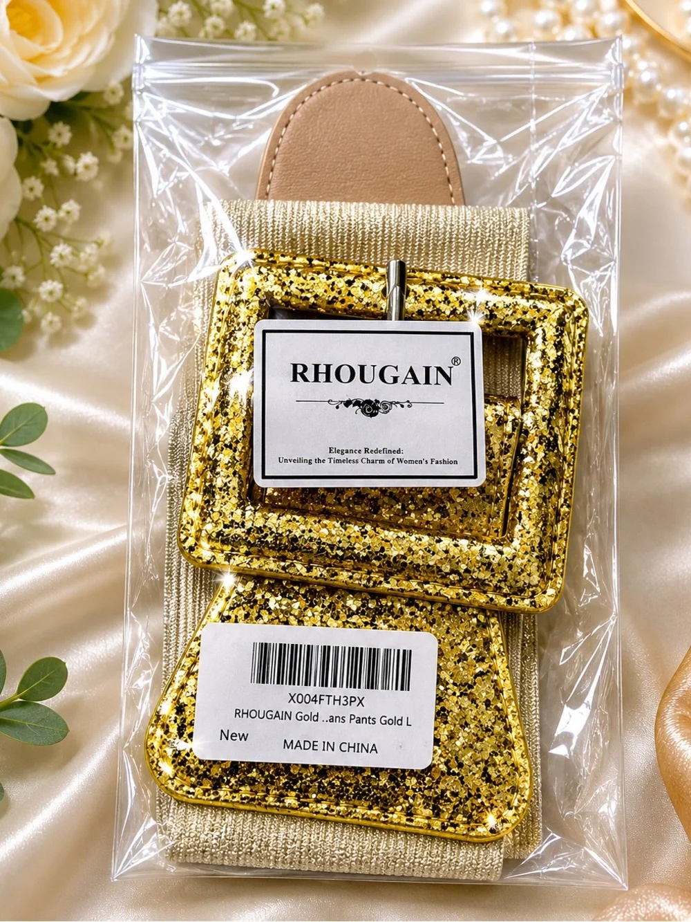 RHOGAIN Gold Glitter Stretch Waist Belt Elastic Square Buckle S/M New in Package